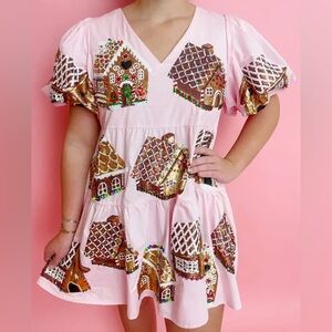QUEEN OF SPARKLES Pink Gingerbread pouf sleeve Dress